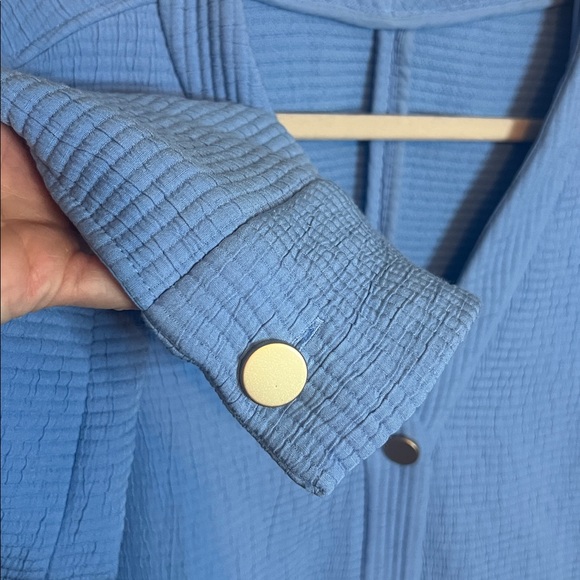 Zara Textured Mini Sweater Button Tunic Dress Pockets Couture Blue Gold Medium - Picture 6 of 9